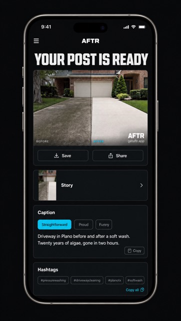 AFTR marketing pack screen with post, story, caption and hashtags